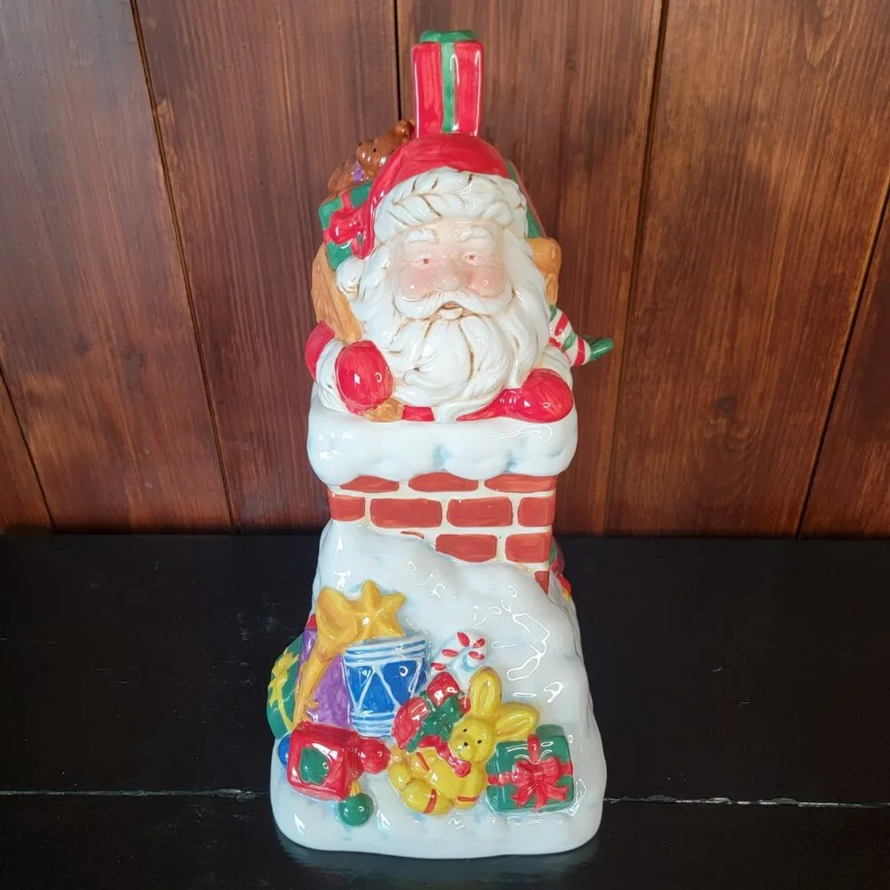 Santa Going Down Chimney Cookie Jar Ceramic Seasonal Kitchen Decor Original Pkg.